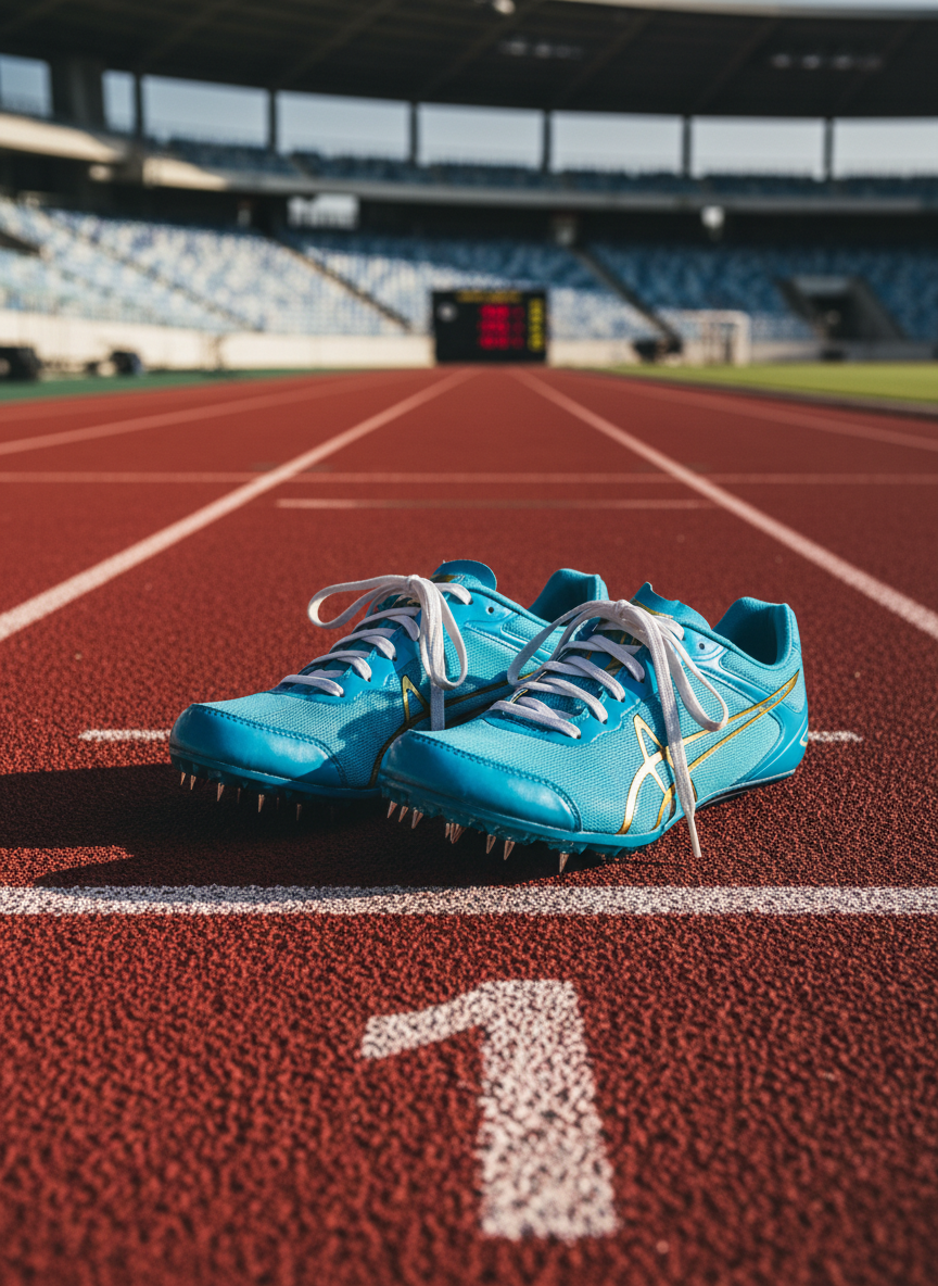 A pair of meticulously laced, bright blue sprint spikes with fine gold detailing and needle-like starting-block spikes, resting on a pristine red tartan 100m track lane marked with a bold white “1”. The stadium seating and timing board dissolve into a soft blur in the background. Late afternoon natural light grazes the textured track surface, creating crisp shadows beneath the shoes and subtle highlights along their aerodynamic curves. Shot at ground level along the lane’s perspective, using shallow depth of field to emphasize the shoes as the focal point. The mood is professional, focused, and aspirational, with photographic realism and a clean, modern aesthetic suited for a high-performance student-athlete blog hero image.
