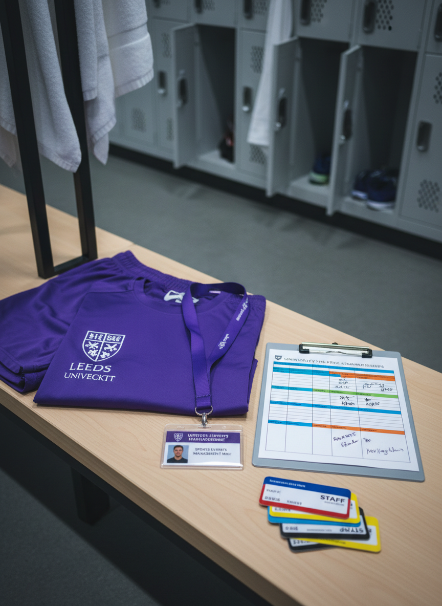 A neatly folded Leeds Beckett University purple training kit laid out on a clean wooden bench inside a modern athletics facility locker room, featuring a performance t-shirt with the university crest, matching shorts, and a lanyard with an ID badge labeled “Sports Events Management MSc”. Beside it lies a slim clipboard with a printed event schedule, color-coded with careful annotations, and a small stack of accreditation passes. Cool, directional overhead lighting casts gentle shadows that define the textures of fabric, plastic, and paper. Captured from a slightly elevated, three-quarter angle in photographic realism, the composition is balanced and uncluttered. The mood is organized and professional, subtly emphasizing the student-athlete’s dual role as both competitor and aspiring sports event professional in the UK.