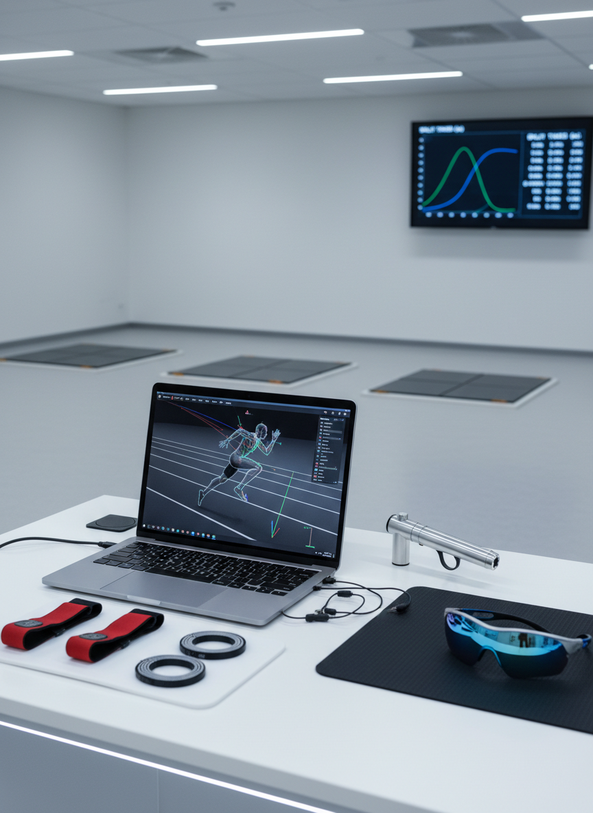 A high-tech sports science lab tabletop arranged with a sleek laptop displaying motion analysis of a 100m sprint, a pair of reflective sunglasses, a lightweight starting pistol replica, and multiple wearable sensors neatly coiled beside elastic heart-rate straps. In the background, slightly out of focus, are force plates embedded in the floor and a large screen showing split times and acceleration curves. Bright, clean fluorescent lab lighting creates an even, clinical illumination with gentle reflections on metal and plastic surfaces. Shot at eye level with moderate depth of field, the composition is orderly and data-driven. The atmosphere is analytical and innovative, embodying professional photographic realism that highlights the connection between sprint performance and sports science research.