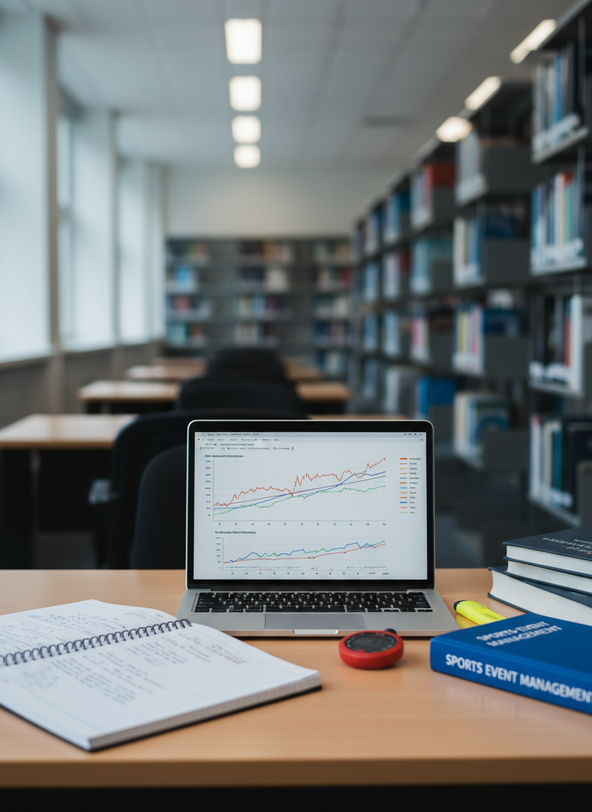 A neatly arranged study desk in a quiet university library, featuring a silver laptop displaying a detailed sports performance graph, an open notebook filled with small, precise training notes, and a well-used stopwatch placed beside a highlighter and academic textbook titled “Sports Event Management”. Shelves of blurred academic books stretch into the background. Cool, diffused overhead lighting combines with soft daylight from an unseen window, giving even illumination without harsh shadows. Captured from a slightly elevated angle in photographic realism, with a balanced composition that keeps the laptop and stopwatch sharply in focus. The atmosphere is disciplined and scholarly yet energetic, reflecting the dual life of an international student-athlete balancing sprinting and a master’s degree.