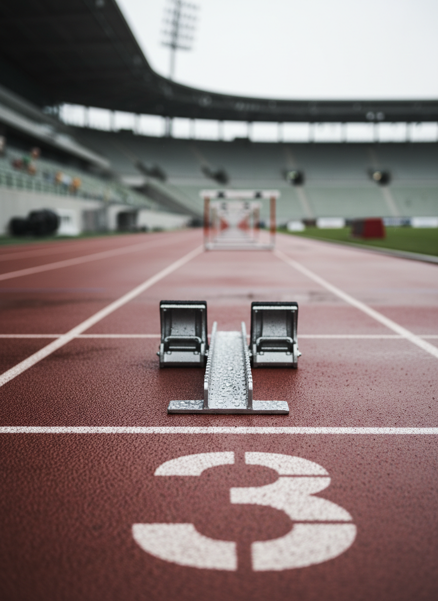 A close-up, photographic realism shot of an athletics starting block anchored firmly in lane three on a damp 100m track, tiny water droplets beading on the brushed metal pedals and textured rubber surface. The bold white lane number stands crisp against the deep red track, while the background fades into a gentle bokeh of a modern stadium and out-of-focus hurdles. Overcast daylight provides soft, diffused lighting, enhancing surface details without glare. The camera is placed low and slightly behind the block, emphasizing depth and forward direction. The mood is tense and anticipatory, professional and focused, capturing the precise moment before a sprint start that anchors the blog’s theme of preparation and performance.
